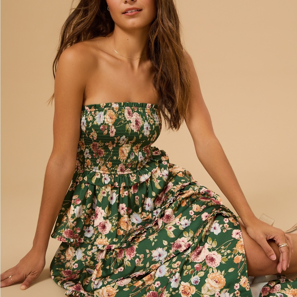 Altar'd State Strapless Floral Dress - Green and Pink